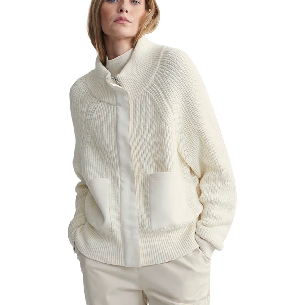 Varley Delfern Jacket Egret Ribbed Full Zip Cotton Cardigan Sweater Ivory XS
